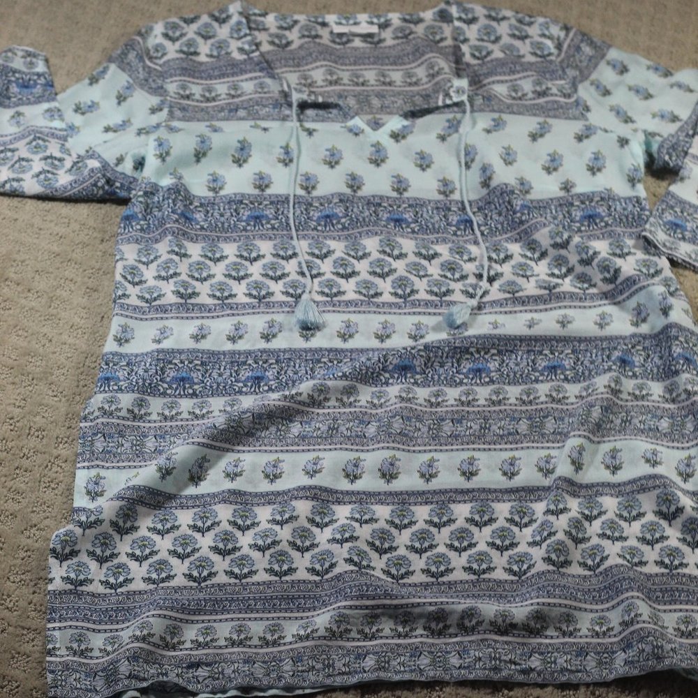 J Jill Size S Sheer Blue Patterned Long Blouse or Mini Dress with Tassels